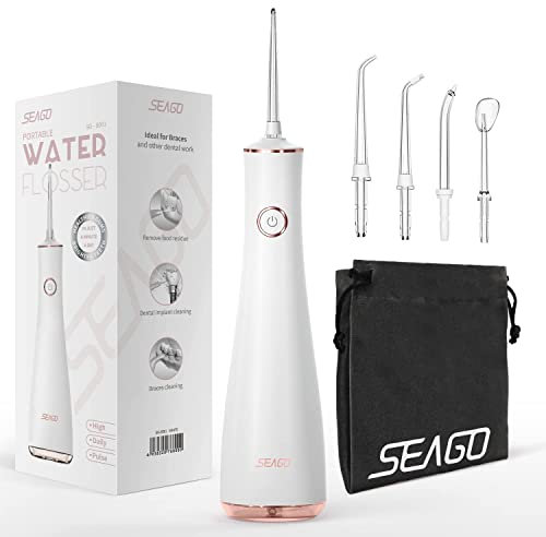 Munddusche Kabellos Zahndusche Elektrischer, Seago Reise Munddusche 3 Modi & 5 Düsen Wiederaufladbare Wasser Flosser IPX7 Wasserdicht Zahnreiniger Water Flosser, Speicherfunktion, SG-8001(Weiß)