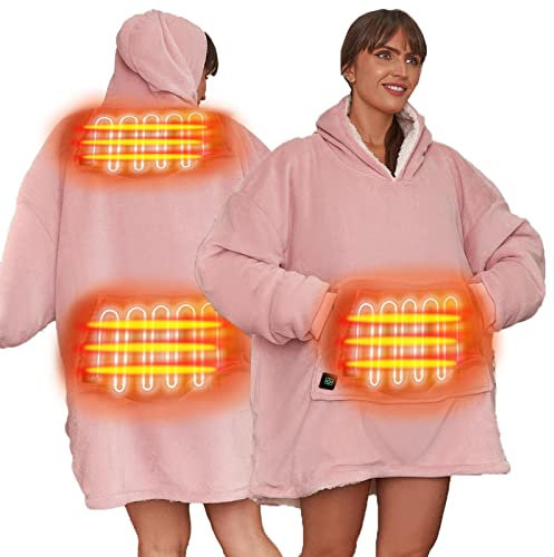 Sienna Heated Oversized Blanket Hoodie Womens Ultra Soft Sherpa Fleece Throw Snuggle Fluffy Wearable Hooded Sweatshirt, Blush Pink