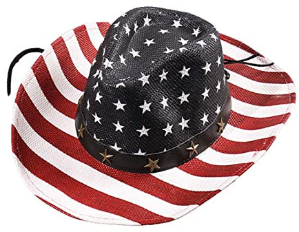 PW TOOLS Drapeau - Chapeaux Cowboy Drapeau américain Classique - Cowboy Soleil Jour l'indépendance, Paille d'été réglable pour des Hommes