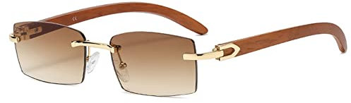 kachawoo Rahmenlose Sonnenbrille Randlose Damenmode Sonnenbrille mit Holzimitat Beinen Blau Grün Uv400 Linse Rechteck Sonnenschutz Herren (brown lens)