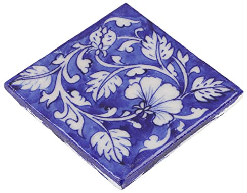 GURU SHOP Handbemalte Indische Keramikfliese, Vintage Keramik Untersetzer - Motiv 6, Blau, 10x10x1 cm, Untersetzer, Tabletts