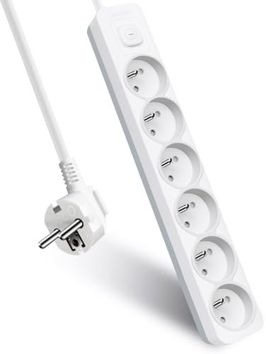 Extrastar Multiprise 6 Prises avec Interrupteur, 2P+T, Bloc 6 Prises, 3G1,0 mm² 1,5m Rallonge, Sécurité Enfant, Gris et Blanc, 16A 250 V
