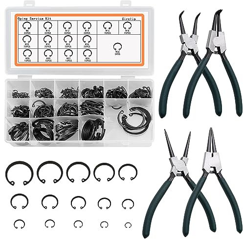 Snap Ring Shop Sortiment, 300 Stück interne Sicherungsringe mit 4 Stück 17,8 cm Sprengringzangen-Set, M8-M36, 15 verschiedene Größen, Sicherungsring-Sprengring und intern/externe
