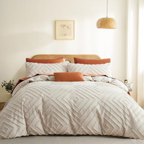 Freyamy Bettwäsche 135x200 2teilig Getuftet Handgefertigt Geometrisch Bettbezüge Khaki Vintage Wendebettwäsche Boho Stil Gewaschene Mikrofaser Uni Bettbezug mit Reißverschluss + Kissenbezüge 80x80