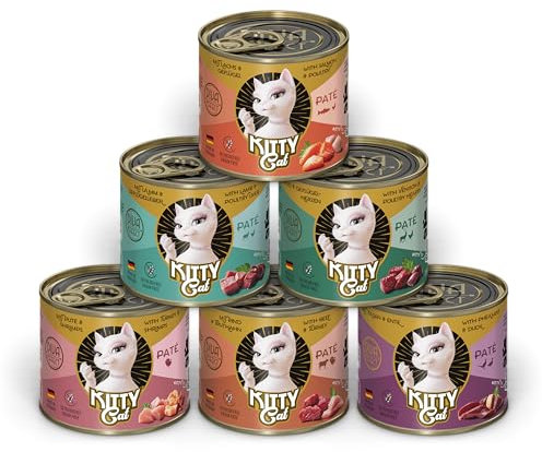 KITTY Cat Paté Mix 2, 6 x 200 g, Nassfutter für Katzen im Probierpaket, getreidefreies Katzenfutter mit Taurin, Lachsöl und Grünlippmuschel, Alleinfuttermittel mit hohem Fleischanteil, Made in Germany