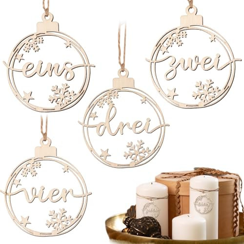 BETESSIN Adventskranz Zahlen 1-4 - 4er Set Holzzahlen für Kerzen & Kerzenhalter - Adventszahlen im Weihnachtskugel Stil - Adventskranz Deko Holz - Kerzenanhänger für Adventskranzkerzen (⌀5cm)
