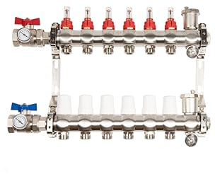 Heizkreisverteiler für Fußbodenheizung - 6 Heizkreise, inkl. Kugelhahn-Set, automatische Entlüfter, Durchflussmesser, aus Edelstahl, optional Klemmringverschraubungen