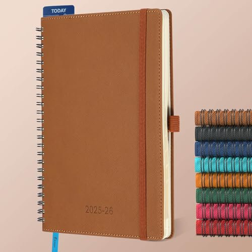 IN-LUXPRO Kalender 2025 2026 Wochenplaner,A5(21.9 x 16.4cm),18-Monate Buchkalender (Jul.2025-Dez.2026) Ringbuch mit Softcover,wochenkalender mit selbstklebendem Stifthalter,Braun.