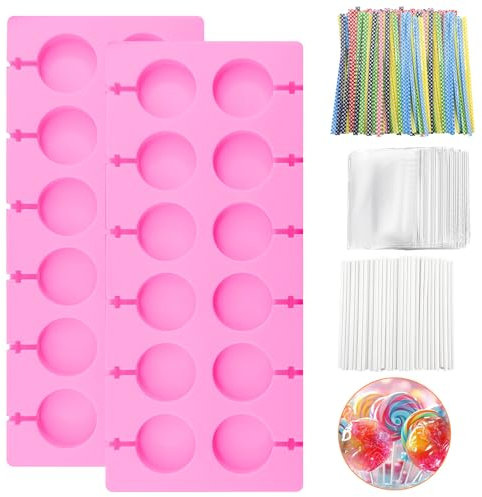 2 Pièces Moule à Sucette en Silicone,12 Cavités Moule à Lollipop avec 100 Bâtons de Sucettes 100 Attaches et 100 Sachets,Moule Silicone Bonbon pour les Sucettes en Gelée au Chocolat