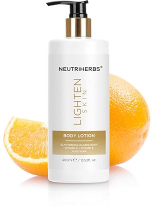 Neutriherbs Lait Corporel Éclaircissant à la Vitamine C-400 ML, Lait Hydratant Creme Corps Intense pour Peaux Ternes/Sèches | Action Antioxydante & Uniformité du Teint | Texture légère Non Collante