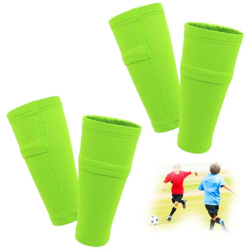 FIBOGOUP 2 Paar Schienbeinschoner Halter Kinder Herren,Stutzen mit Optimierter Einstecktasche,Fußball Schienbeinschoner Sleeves Socken,Atmungsaktiv-rutschhemmend-stabil (Grün L)