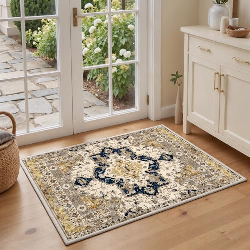 Klyvvo Boho Retro Eingang Teppich 60x90 cm, Kurzflor Teppich mit Blumenmuster, 1200g/m³ Polyester Maschinwaschbar mit Rutschfester TPE-Unterlage für Schlafzimmer Wohnzimmer Küche, läufer, Diele, Gelb