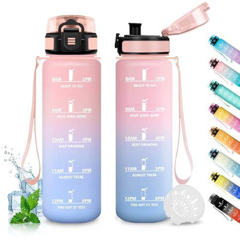 JAPORIA Borraccia Motivazionale 1l, a Prova di Perdite, Borraccia Palestra con Indicazione del Tempo, Borracce senza BPA, Water Bottle per Scuola, Sportiva, Corsa, Viaggio, Gym