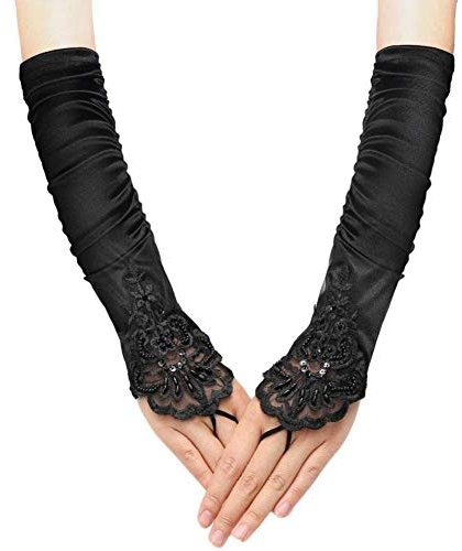 QincLing Long Lace Gloves, Black Satin & Lace, One Size Fits Most Women & Girls, Fingerless, Elbow Length, Wedding & Formal Occasions
