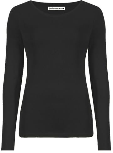 janisramone Womens Ladies Round Neck Long Sleeve T-Shirt Stretchy Plain Fitted Basic Jersey Casual Tee Top Black