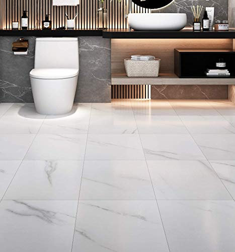 Livelynine Self Adhesive Floor Tiles Stickers Waterproof Flooring Tile White And Black Marble Vinyl Tiles For Kitchen Bedroom Floor Lino Flooring Sheet Waterproof 30CMX30CM Box of 4