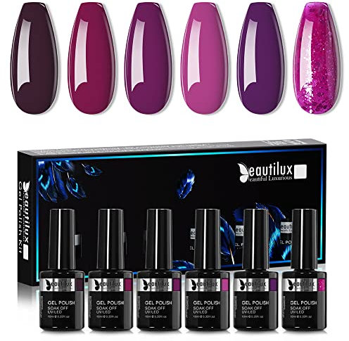 Beautilux UV Nagellack Violett, 6 Farben 10ml Dunkelviolett Soak Off Gel Nagellack Set für Home-Maniküre Nail Art Maniküre (Dunkelviolett Serie)