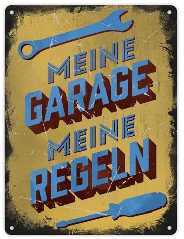 Meine Garage meine Regeln Metallschild XL in 21x28 cm im Used-Look Witziges Blechschild in Retrooptik Geschenk für KFZ-Mechaniker und Väter