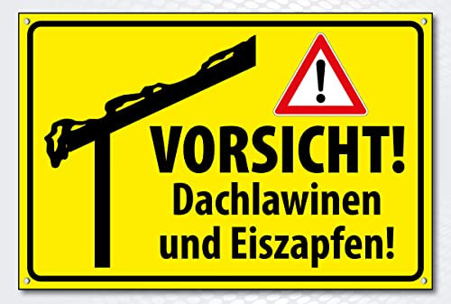 Hochwertiges Schild Alu-Dibond mit UV-Schutzlackierung VORSICHT! DACHLAWINEN 200 x 300 mm rechteckig | Betreten auf eigene Gefahr | Hinweisschild aus Wetterfestem Alu/Dibond