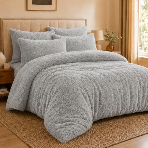 EXQUIZIT HOME® Teddy Fleece Duvet Cover Set – Super Soft Teddy Bear Fleece Bedding Set with Pillowcases – Warm Cosy Winter Fleece Quilt Cover (Silver King 230cm x 220cm Approximate)