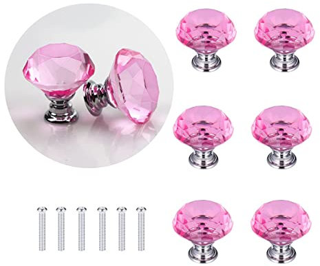 6 PCS Pink Crystal Door Knobs 30mm Glass Drawer Knobs Pink Cupboard Cabinet Handle Drawer Pull Handle with Screw, Diamond Pulls with Screws for Home Kitchen Office Drawer Decoration