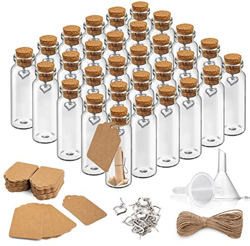 Surmounty Mini Glasflaschen 30x40ml Mini Hochzeit Flasche, Reagenzglas mit Korken Mini Bottle Set Inkl. Korkenflaschen, Etikett, Herz Anhänger, Trichter, Juteschnur, für Gewürze, Kräuter, Sand