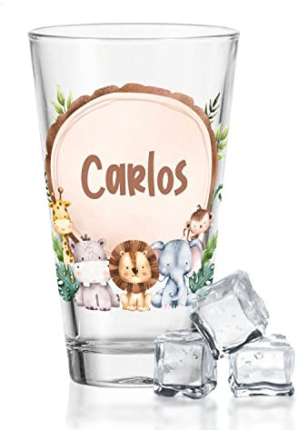 GRAVURZEILE Leonardo Wasserglas mit UV-Druck - Safari Design - Personalisierte mit Name aus Glas mit Tier Motiv - Geschenk für Kinder Jungen & Mädchen - geeignet für Kindergeburtstag und Alltag