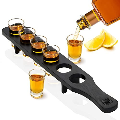 Don Paragone Shot Glasses Bulk Serving Tray and Shot Glass Set of 6 with Bottle Pourer - Tequila Shot Glasses with Wooden Holder - Small Clear Shot Glasses for Restaurant, Bar, Party, Office, Family
