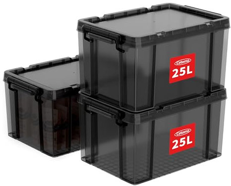 Cetomo 25L*3 Cajas de Almacenamiento, Cubo de Almacenamiento Plástico Apilable con Tapas, Contenedor de Alta Resistencia con Esquinas Reforzadas, Duradero, Negro Transparente, 25L-Conjunto de 3