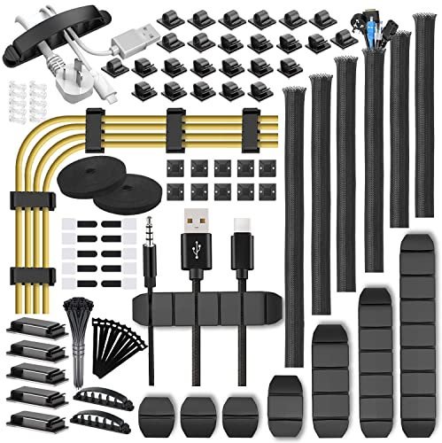 TDEBSSY 188 Pcs Kit de organización de Cables, 6 Fundas para Cables, 50 Clips Organizador de Cables Autoadhesivo, 100 Bridas de Cables, 10 Soportes para Bridas, 20+2 Bridas Reutilizables para Cables