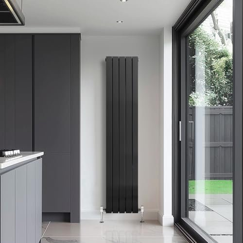 Go Bathrooms Pinta 1600 x 340mm Vertical Radiator Black Flat Panel Double Column Tall Upright Radiator Matt Black Wall Mounted Central Heating Includes Mounting Brackets