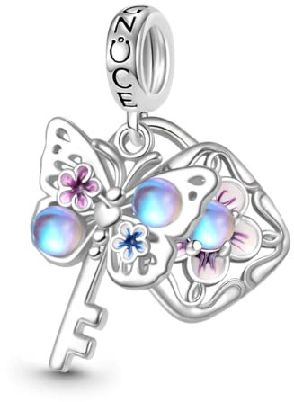 GNOCE Opal Traumfänger Herz Anhänger Charms für Armband 925 Sterling Silber Fliegender Schmetterling Mondstein Dangle Charm für Frauen Mädchen Fit Armbänder/Halskette (Schmetterlings-Schlüsselschloss)