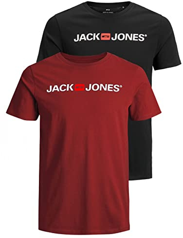 JACK & JONES Lot de 2 t-Shirts pour Homme, Lot de 2 (1 Dahlia Rouge, 1 Noir), XXXL