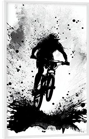 artboxONE Poster mit weißem Rahmen 90x60 cm Schwarzweiß Mountainbike springen - Bild Kunst dynamisch Energie