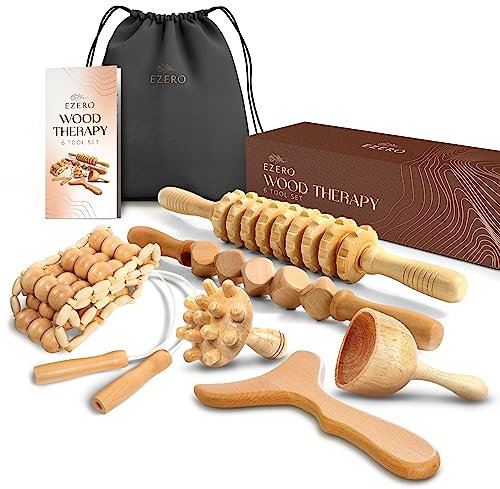 Ezero Maderotherapie Set 6 Stück - Maderotherapie Holz mit Faszienstab Holz - Faszienrolle Holz - Massage Set - Massageroller Holz - Massage Holz - Massageroller Beine - Body Gua Sha - Madero Massage
