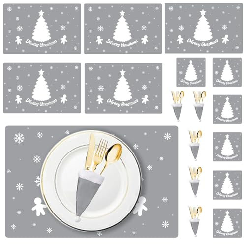Nsxc Christmas Table Decoration - 18Pcs Christmas Placemats Coasters Cutlery set, Christmas Placemats Sets, Christmas Table Mats, Home Table Mats, Washable Heat Proof Table Mats