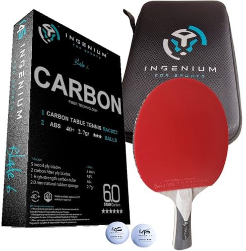 i4S Blade 6. Pala de Ping Pong con 2 Capas de Fibra de Carbono y 5 Capas de Madera, Raqueta Tenis de Mesa Ingenium for Sports con Funda Completa y Dos Pelotas, Goma Profesional, Esponja 2 mm
