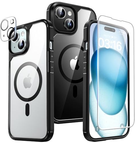 TAURI Magnetic Case for iPhone 15 Case 6.1 [Military Grade Drop Protection] with Screen Protector, Transparent Slim Fit Designed for Magsafe Phone Case- Black