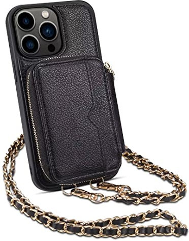 Handykette für iPhone 15 Pro Max Hülle Reißverschluss Leder Handyhülle Umhängen Necklace [RFID Blocker] TPU [Standfunktion] [Kartenfach] Klapphülle Stoßfest Schutzhülle für iPhone 15 Pro Max, schwarz