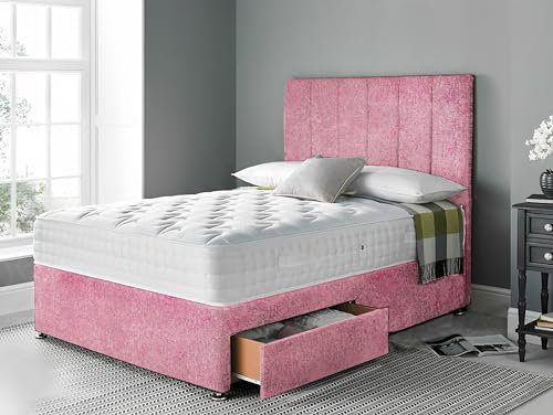 DBZ BEDS 4 FT Small Double Bed Set with 2000 Series Mattress - Pink Crushed Velvet Divan Bed Set with Versatile Storage Options – 6 Panel Headboard with Chrome Glider Feet (Small Double)