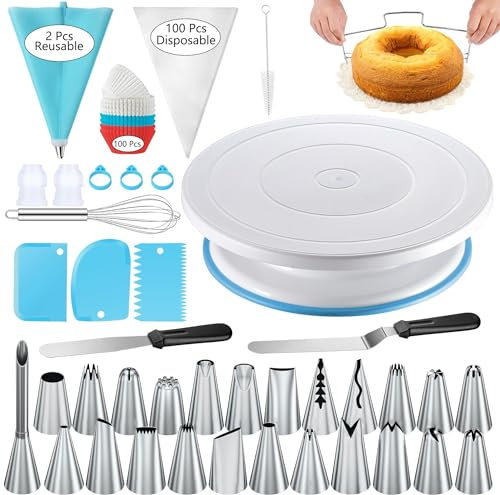 240PCS Cake Decorating Supplies Kits Cake Turntable, 100 Piping Bags 100 Disposable Cupcake Liners 24 Icing Piping Tips 3 Icing Scrapers 2 Spatulas Cake Leveler for Baking