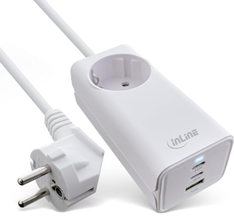 InLine Steckdosenleiste mit USB Ladegerät, 1x Schutzkontaktbuchse, 2X USB-C, 1x USB-A, GaN, Netzteil, 65W, Schnellladegerät, PD 3.0 + QC4, für MacBook Pro/Air, iPhone und mehr, 31518I
