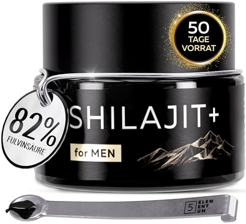 Original Shilajit Himalaya Harz gereinigt mit Nachtkerzenöl 25g – 82% Fulvinsäure Mumijo Shilajit Hochdosiert I 60 Tage Sonnen-Trocknung I Traditionelle Handernte Inkl. 500mg Dosierlöffel