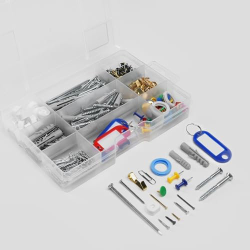 Household DIY Assortment Kit 402PC - Plasterboard Fixings Picture Hooks Set - Nails, Screws, Wall Plugs, Push Pins, Carpet Tacks, Drawing Pins, Rubber Keyrings, Paper Clips in Sorted Clear Plastic Box