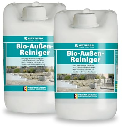 HOTREGA Bio-Außenreiniger 2x 5 L | Steinreiniger & Holzreiniger Konzentrat | Für Terrasse, Gehweg, Mauer & WPC | Schützt vor Neuverschmutzung | Ohne Schrubben | Reichweite bis 1000 qm | Selbsttätig