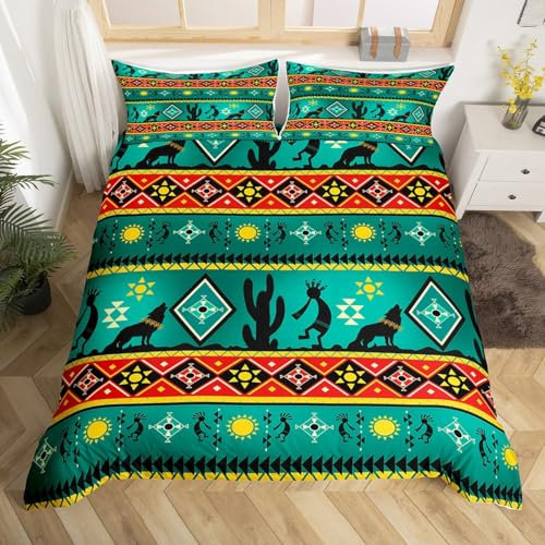 Homewish Western Bettbezug Native American Indian Style 135x200 Bettwäsche Sets,Wolf Tröster Bezug Böhmische Sonnenliege Set,Exotische Geometrische Azteken Südwest Dekor,Grün
