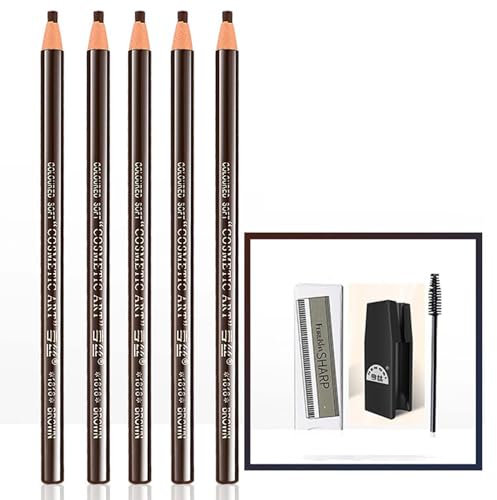 5PCS Wasserdichter Augenbrauenstift, Dunkelbraun Augenbrauenstift Härchenzeichnung, Eyebrow Pencil Set für Lang Anhaltend Wischfest, Dichter Wirkende, mit Bleistiftspitzer+Brauenschneider+Bürste