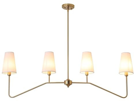 ZenithBeam Pendelleuchte Esstisch, 120Cm HäNgelampe 4-Licht Classic Linear Pendelleuchte Gold Golden Mit WeißEm Leinen Lampenschirm Lampen E14 HäNgeleuchte FüR Schlafzimmer KüChe, 160W