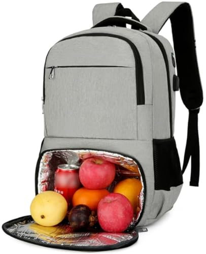 YYKSYDPT Sac à Dos Isotherme Repas pour Homme Femme, Sac à dos pour Déjeuner, Sac à Dos pour Ordinateur Portable avec Port de Chargement USB, Sac à Dos Voyage avec Sac Isotherme (Gris clair)