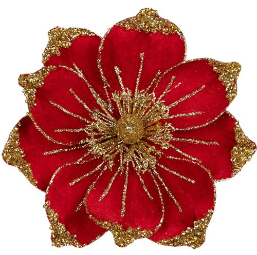 Briful 6 Stücke Weihnachtsblumen Christbaumschmuck Magnolie Kunstblumen Wie Echt Rot Kunstzweig Weihnachtliche Dekoration für Weihnachtsbaum Neujahr Dekoration